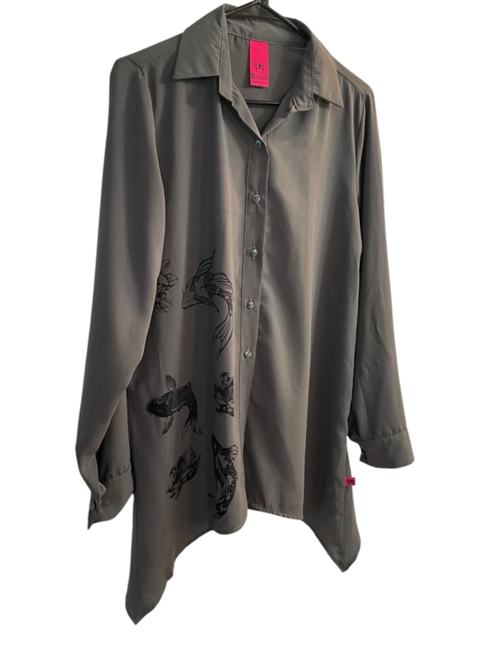 Koi Fish Button Down Shirt Santita Gray Green Asymmetrical Artsy Minimalist M L - Picture 2 of 4